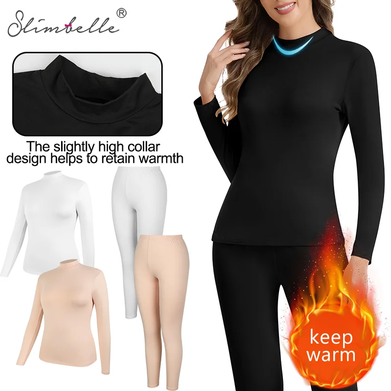 Slimbelle Winter 2 PCS Women Thermal Underwear Set High Neck Long Sleeve Top Keep Warm Top and Pants Soft Breathable Base Layer