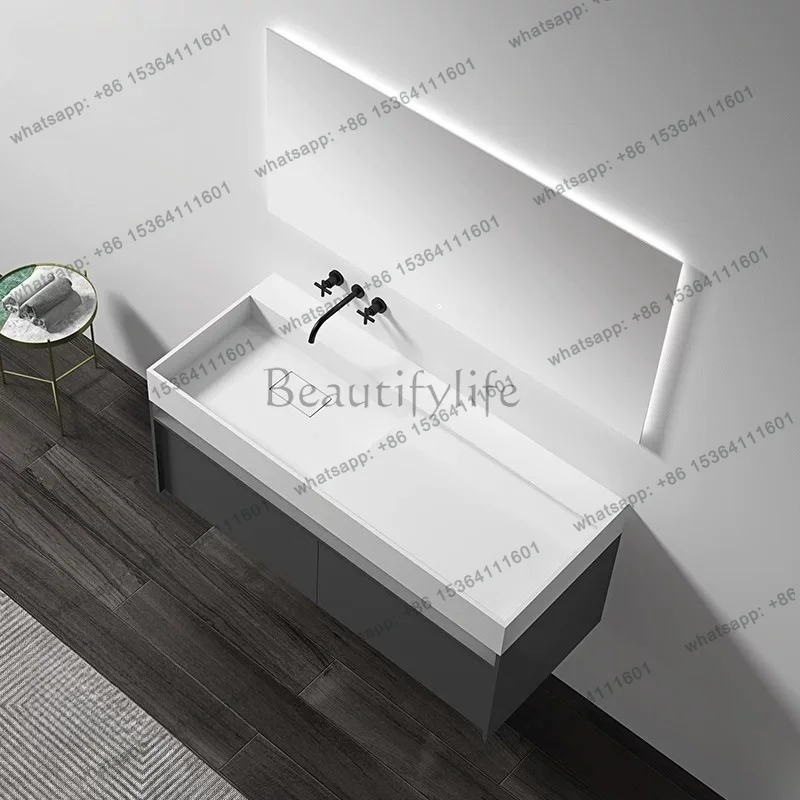 

Artificial stone bathroom washstand wash basin light luxury household LED mirror bathroom cabinet combination