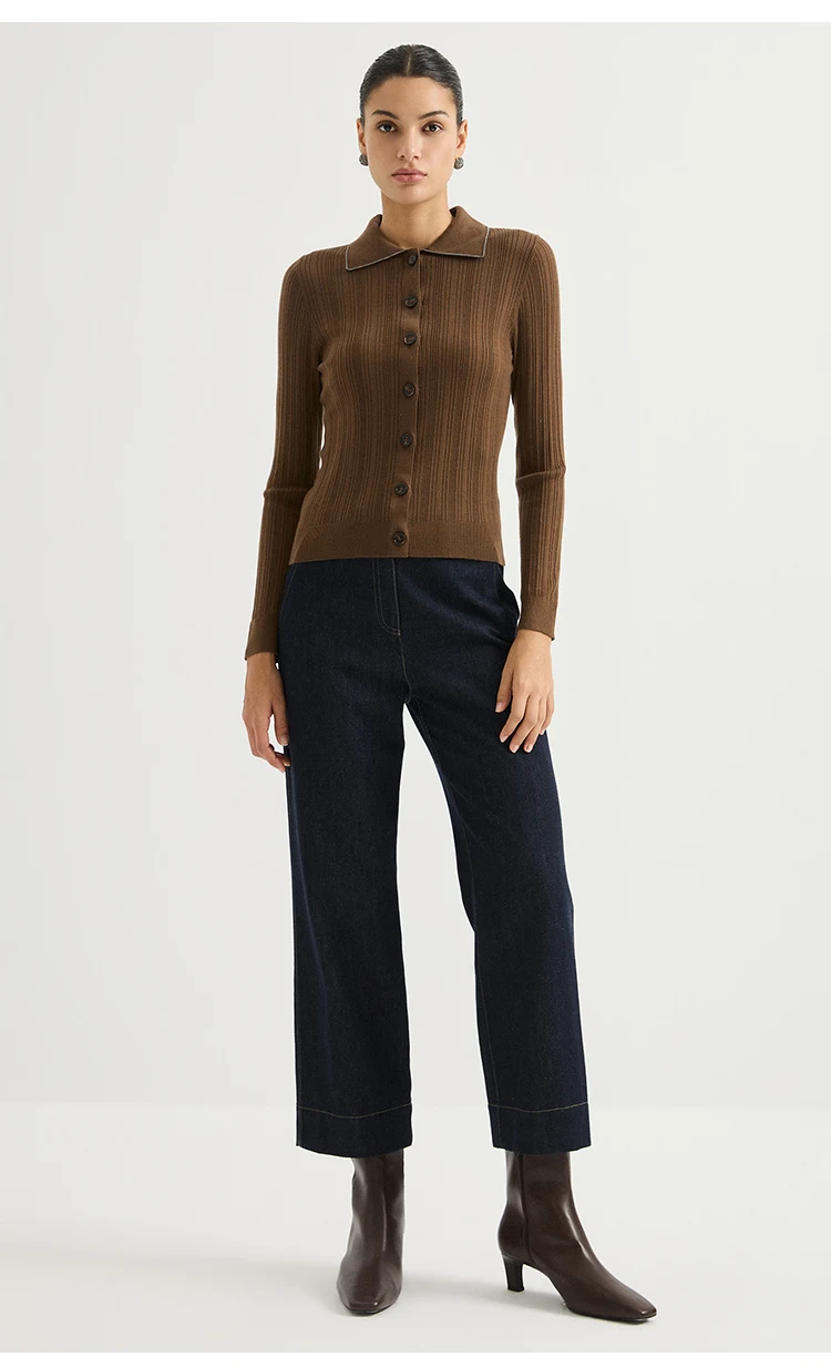 BY3621708 Damen-Strickjacke mit Polokragen, 100% Wolle, strukturiert, gerippt, lange Ärmel, Kragen mit Kettenverzierung, Kunstharzknöpfe, dezenter Luxus für den Herbst – Detail 12
