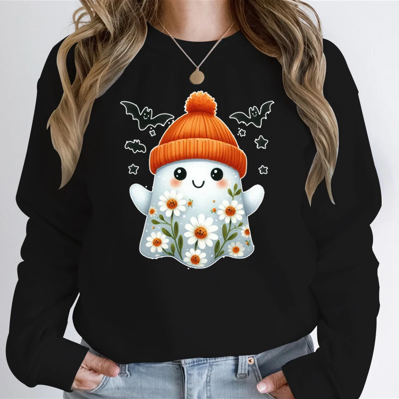 Women Funny Halloween Hoodies Autumn Fleece Long Sleeve Hoodless Sweatshirts Cute Daisy Ghost Creative Trend Ladies Pullover