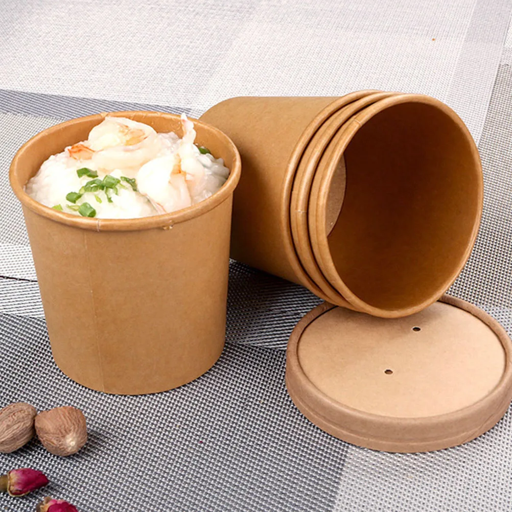 

Disposable Kraft Soup Cups With Lids Durable Oil Proof Sturdy Porridge Dessert Cups Take-Out Food Boxes Simple Lightweight