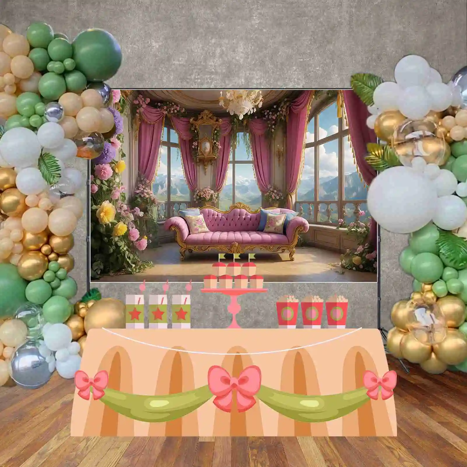 MOON.QG Castle Sofa Princess Birthday Backgrounds Women Pink Curtain Floral Flower Garland Backdrop Custom Party Photocall Props