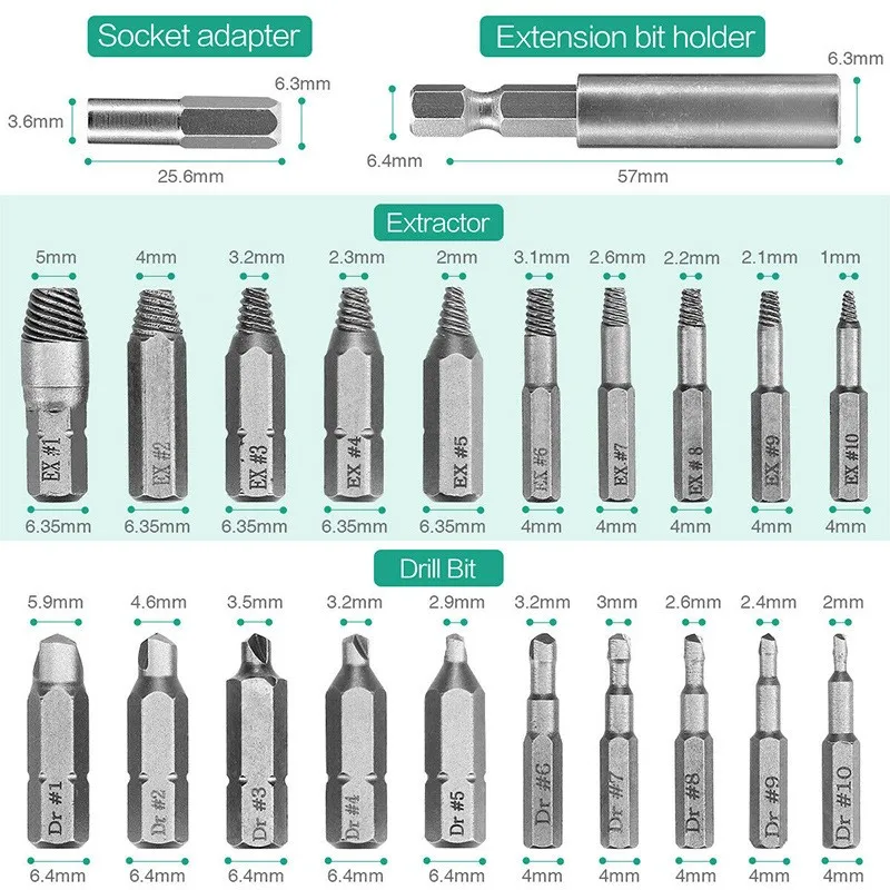 

22pcs/set Damaged Screw Extractor Remover Kit Disassemble Broken Bolt Head Screw with Magnetic Drill Bit Set Stripped Screw Tool