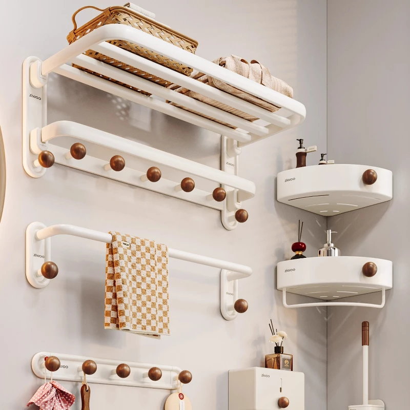 

‌Cream Style Bathroom Towel Rack, Walnut Ball Wall Mount, No-Drill Aluminum Bathroom Organizer, Premium Space-Saving Set