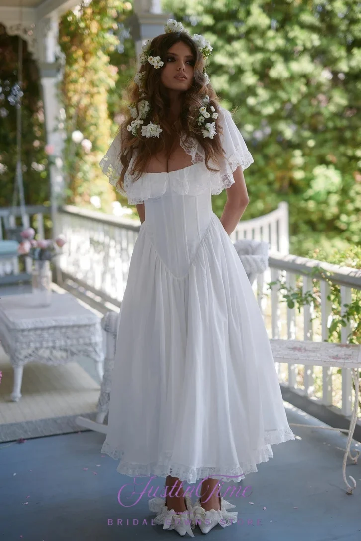 JUSTLNTIME Elegant Square Neck Lace Ruffle Cape Sleeve Wedding Dress Lace Up 2026 Bridal Prom Dress Customized свадебное платье