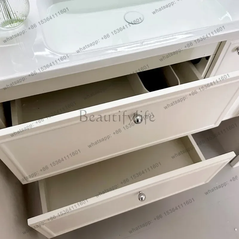 LJY French Retro Solid Oak Bathroom Cabinet with Ceramic Integrated Basin Cream Style Vanity Unit Wall Mounted Toilet Wash Basin
