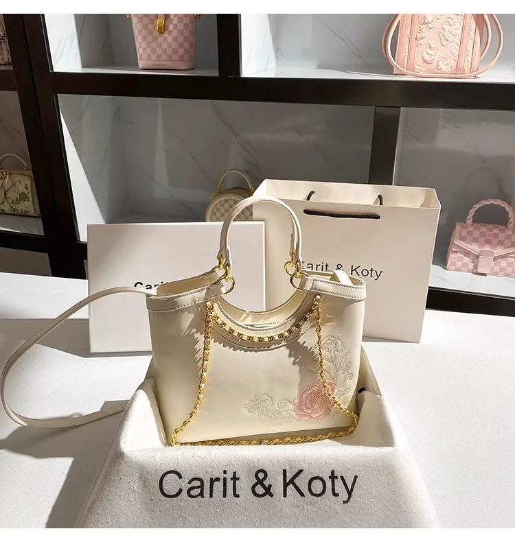 

Fashion Metal Chain Casual Tote Bag Luxury Embroidery Floral Women Handbag Textured Leather Clutch Purse Shoulder Crossbody Bag