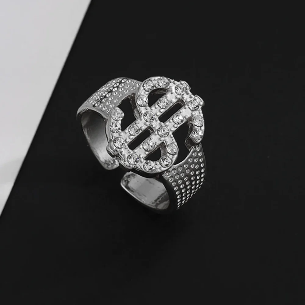 Charm Gold Dollar Sign Ring for Women Men Inlaid Rhinestone Trendy Valentine's Day Couple Jewelry Gifts Resizable