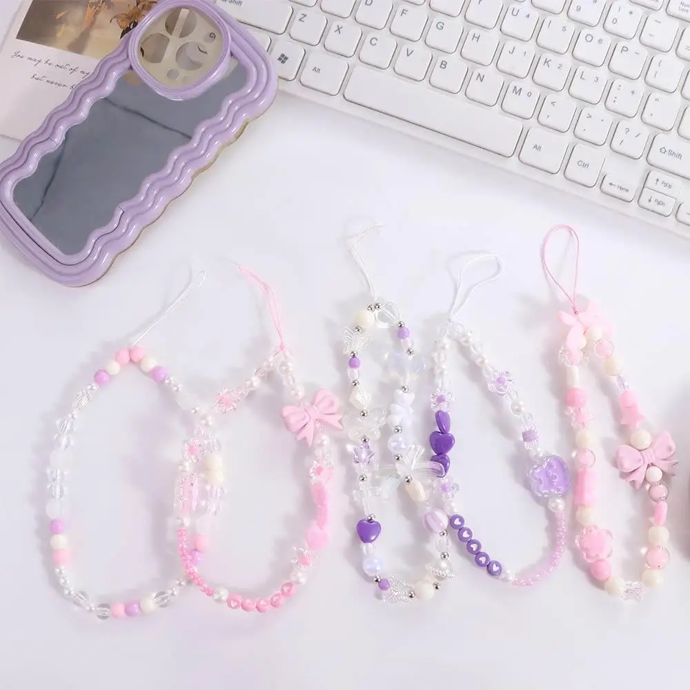 Plastic Bow Beaded Mobile Phone Chain Bowknot Phone Charm Pink Bead Love Bow Pendant Korean Sweet Girl Bowknot Y2K Phone Lanyard