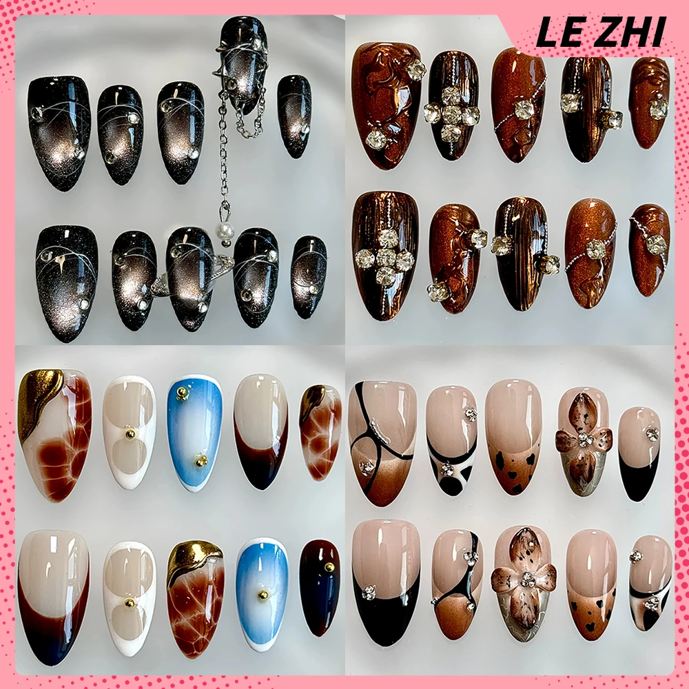 

10Pcs High Quality Short Square Almond Handmade Press On Nails Cat Eyes Flower Rhinestone Pearl Detachable Full Cover Fake Nail