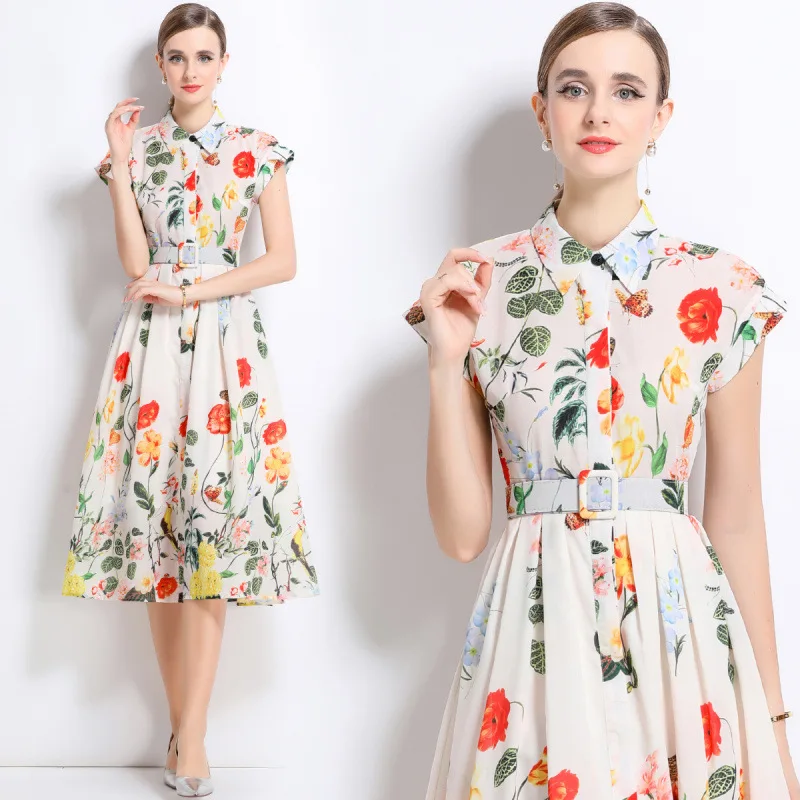 Summer 2025  Collar Printed ort Sve Midi Dr High Waist Thi Material Women's Faion  Ne irt Dr