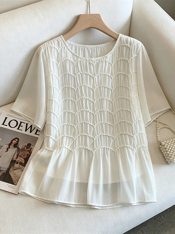 

plus Size Summer Women's Shirt Folded Design Slimming Belly Covering Chiffon Versatile Top Korean Style Short Sleeve round Neck