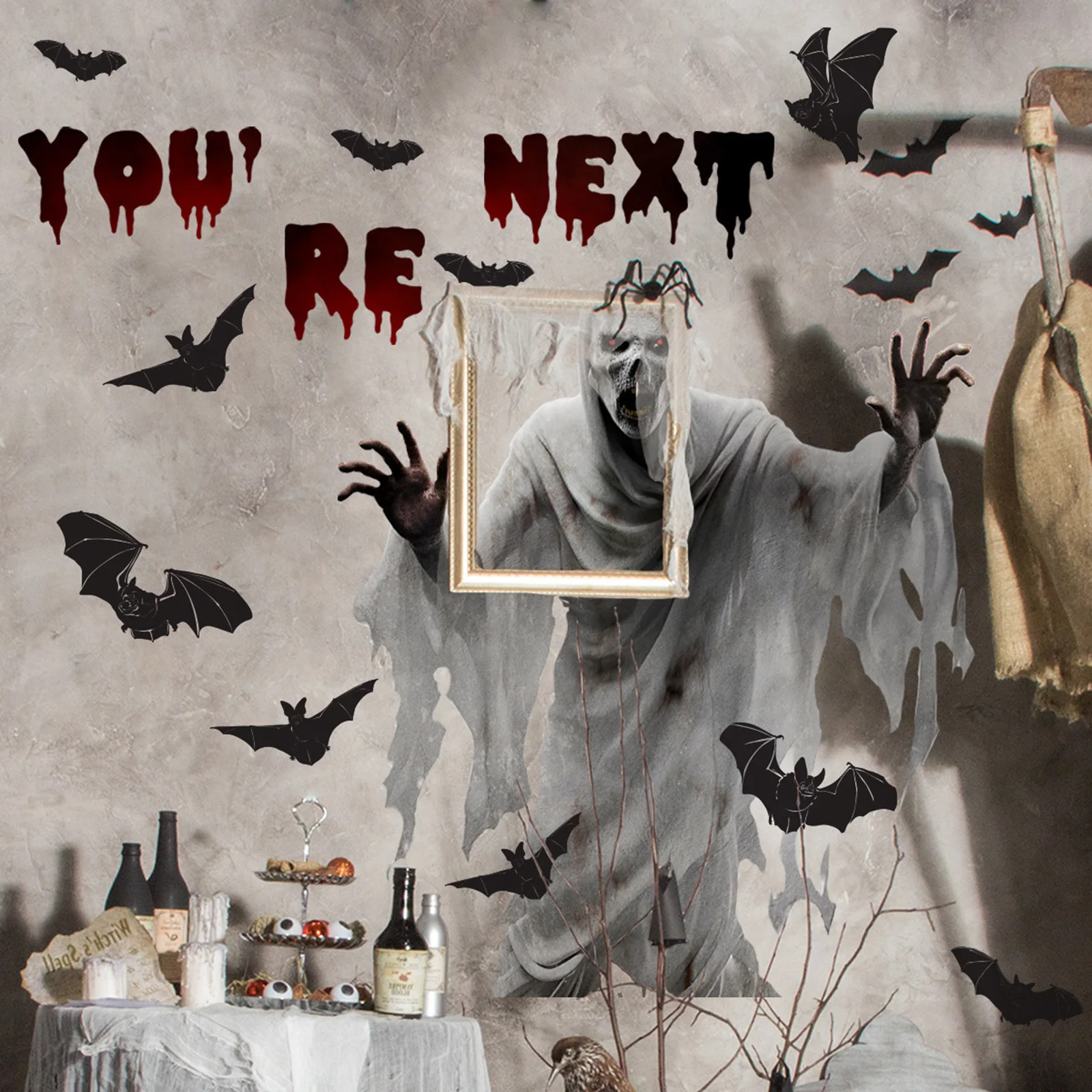 Halloween Stickers PVC Scary Skull Grim Reaper Wall Decals Waterproof Spooky Window Clings for Party Home Decor Durable