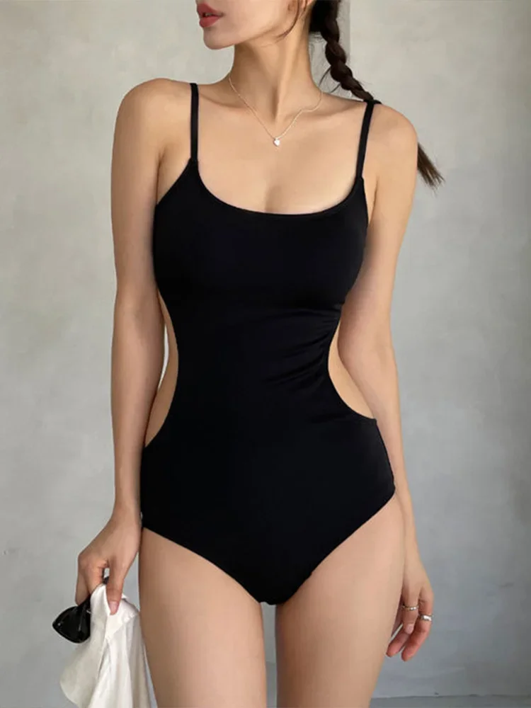 Bikini unicolor con tirantes finos para mujer, traje de baño Sexy de cintura alta, Bikini calado para playa, novedad del 2025, traje de baño de una pieza para verano