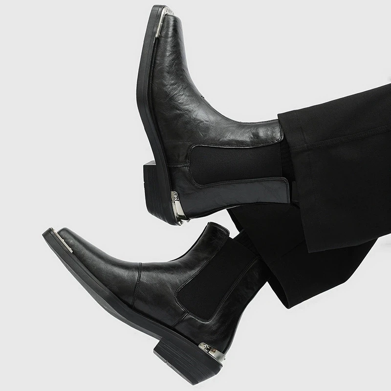 Men New Design Black Leather Chelsea Boots Round Toe Thick Soled Size Zipper Ankle Boots Classic Business Casual Shoes