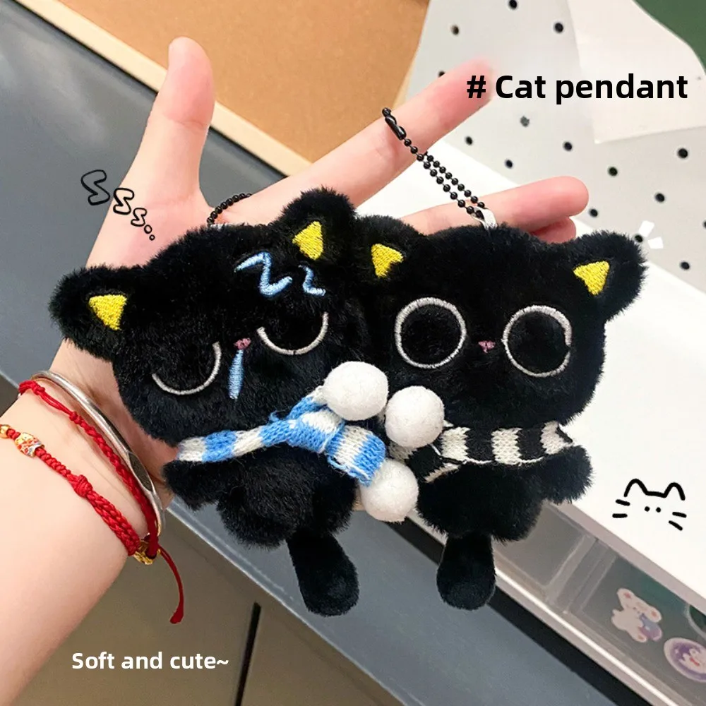 Porte-clés chat noir endormi mignon, écharpe à rayures douces, pendentif de sac de voiture, décoration de sac d'école