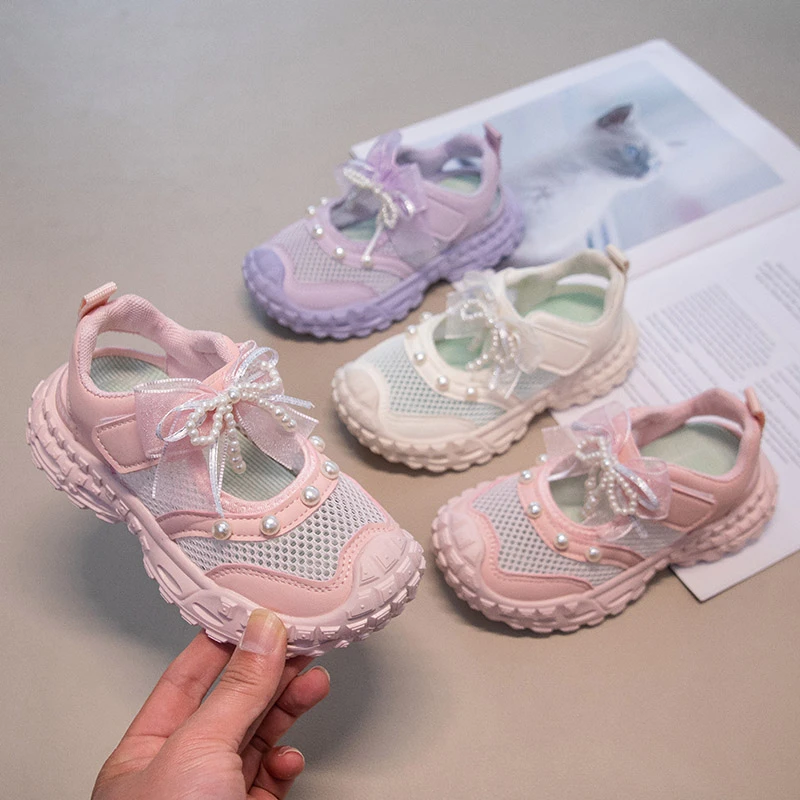 

Summer 2026 Girls' Sweet Sandals Girls' Sandals with Pearl Bow Decoration Breathable Mesh Hollow Casual Comfortable Soft Sandals