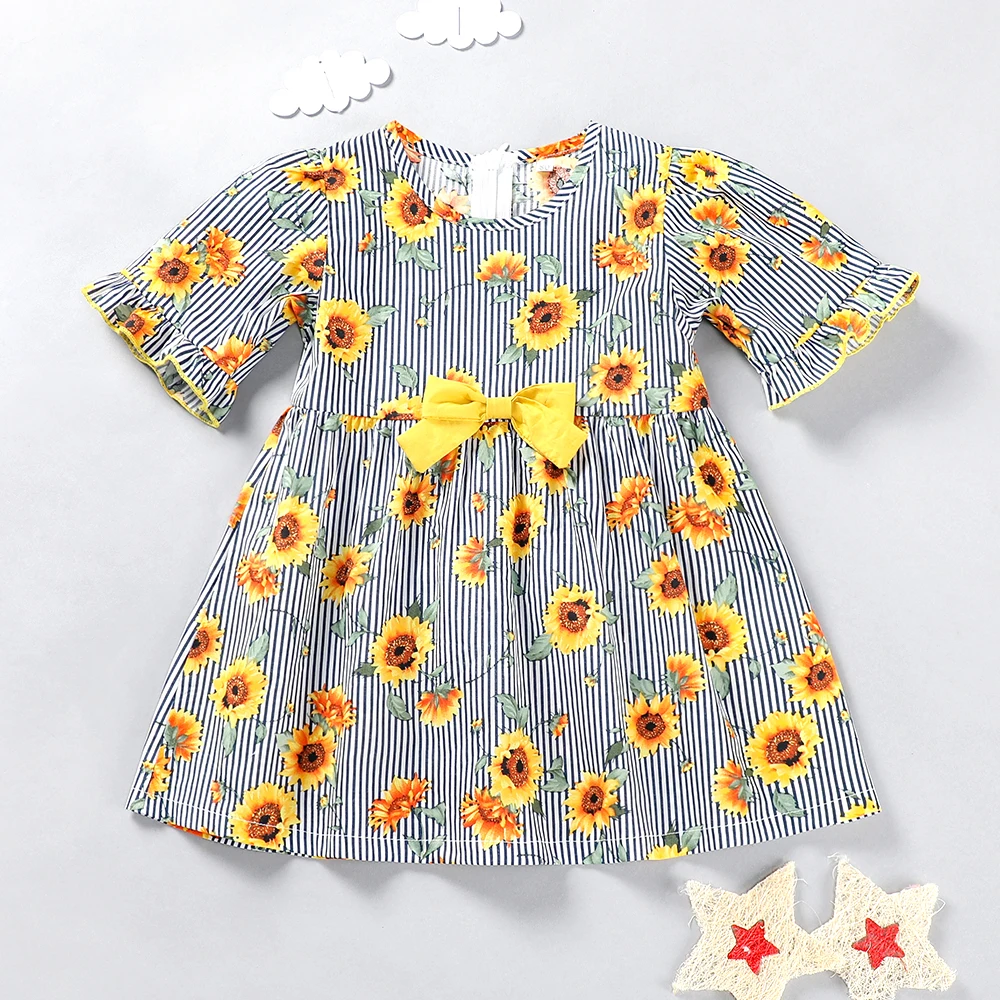 

Kids Baby Sunflower Stripe Printed Dress Short Sleeved Cotton Summer Flutter Dress