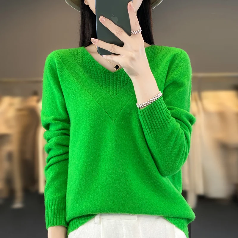 100% Merino wool pullover spring and fall new cashmere sweater women's V-neck pullover warm bottom knit shirt top