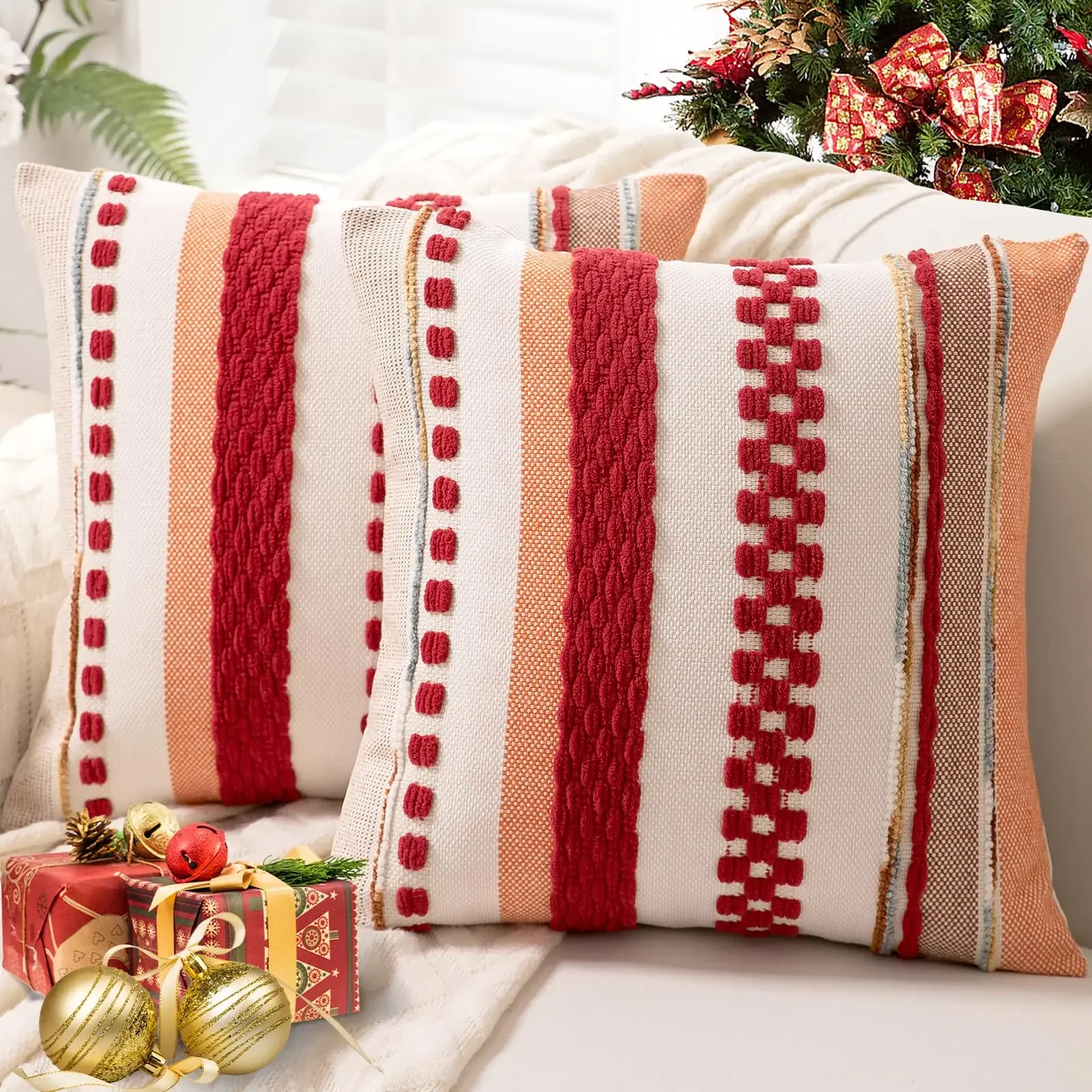 Set of 2 Boho Throw Pillow Covers Cushion Case Striped Square Pillow Cover Chenille Pillow Cover Pillowcase for Couch 18x18 Inch