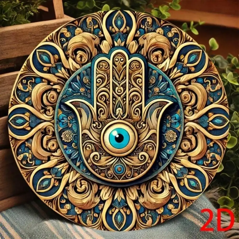 Tibetan Hamsa Hand Metal Tin Sign Blue Gold Green Mandala Wall Art Vintage Home Decor