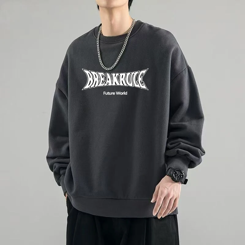 

Youth Men Grey Sweatshirts Cotton Oversized Top for Man Letter Printed Long Sleeved T-shirt High Street Harajuku Men's Clothing