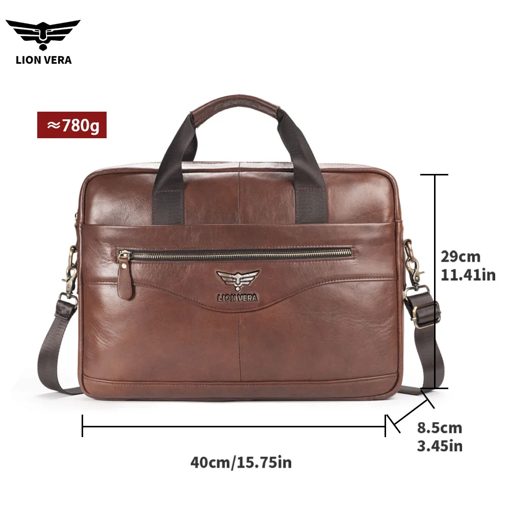 LION VERA Men's Business Commuting Large Capacity Crossbody Portable Genuine Leather Laptop Zipper Shoulder Fashion Briefcase