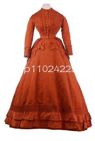 Dark Orange Historical Garments Ball Gown Prom Dresses Ruffles Applique Stain Long Sleeve Victorian Costume Evening Dress