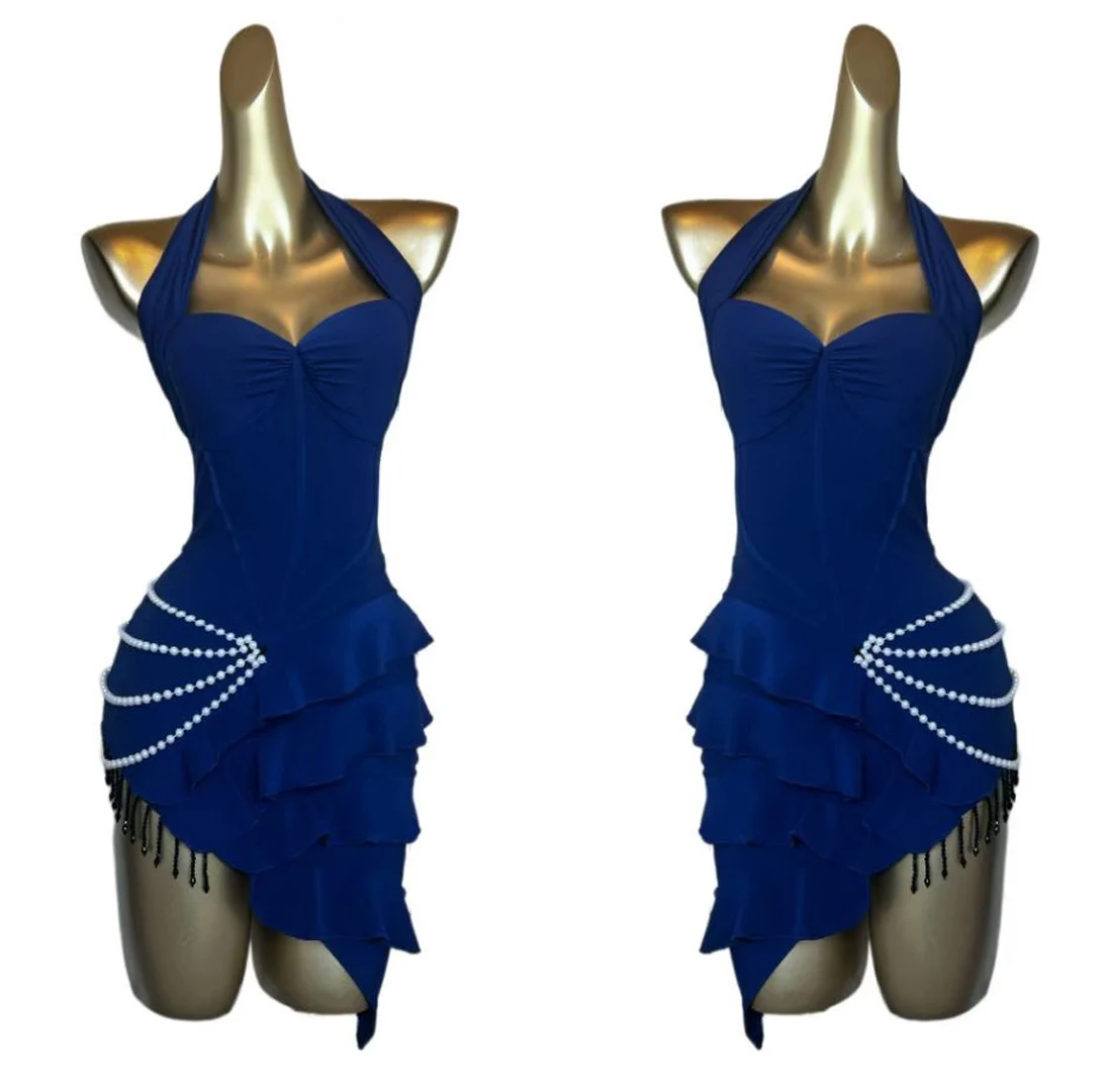 

Pearl Chain Blue Latin Dance Dress Women Sexy Competition Clothing Club Prom Rumba Cha Cha Dance Costume Practice Wear DNV23332