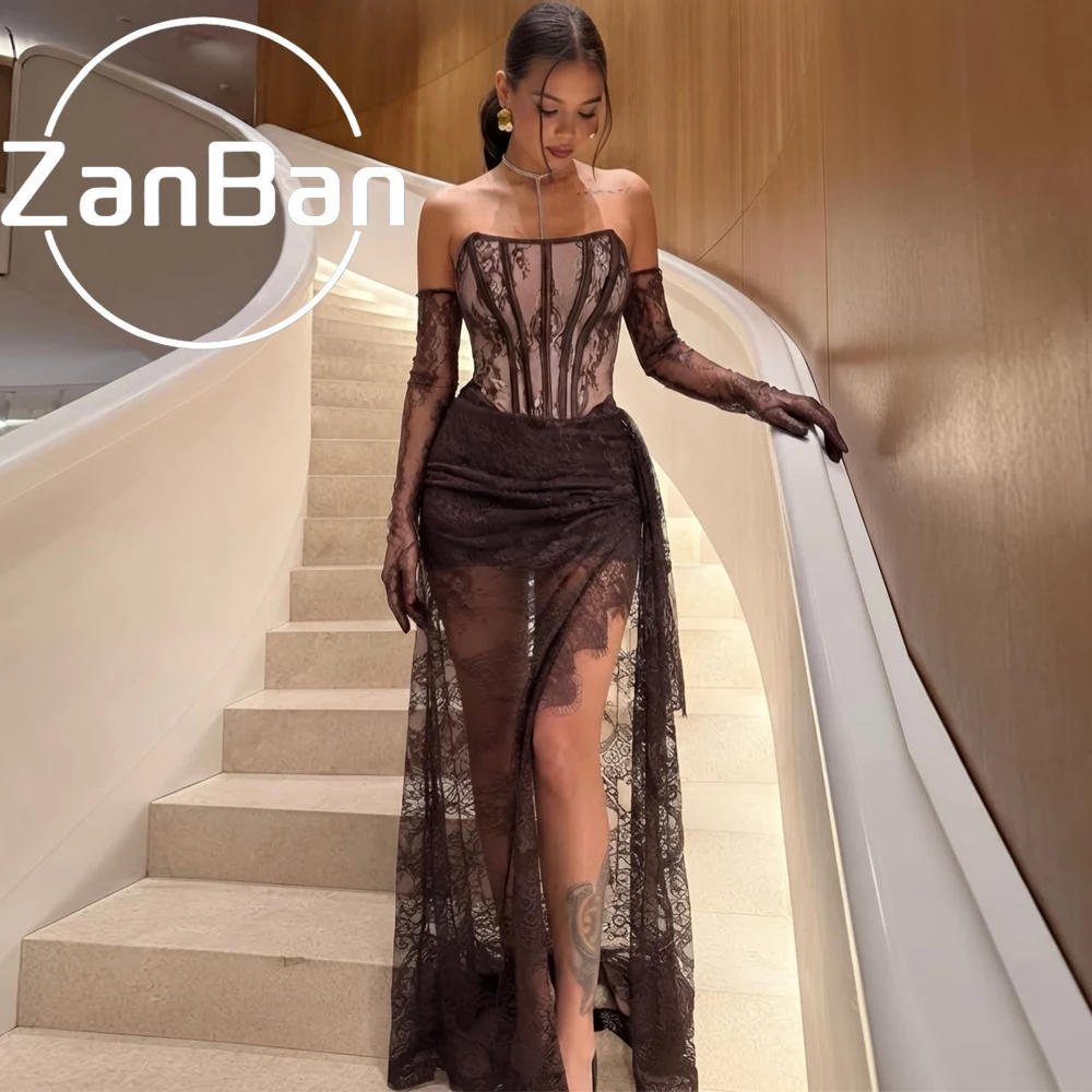 ZanBan Customized Brown Strapless Side Slit Formal Dresses Woman Lace Elegant Dresses for Women Long Party A-line Prom Dress