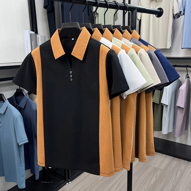 Hochwertiges Marken-Poloshirt aus Seide und Baumwolle mit kurzen Ärmeln bequemes atmungsaktives Herren-T-Shirt Sommer neue Mode Farbblockierung lässiges Oberteil – Detail 3