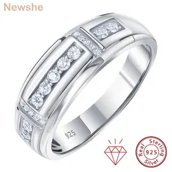 Newshe Elegant Men's Moissanite Rings GRA Certified Wedding Band 925 Sterling Silver Half Eternity Round Engagement Ring