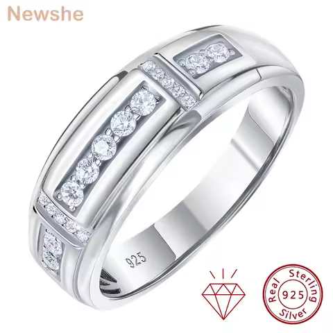 Newshe Elegant Men's Moissanite Rings GRA Certified Wedding Band 925 Sterling Silver Half Eternity Round Engagement Ring