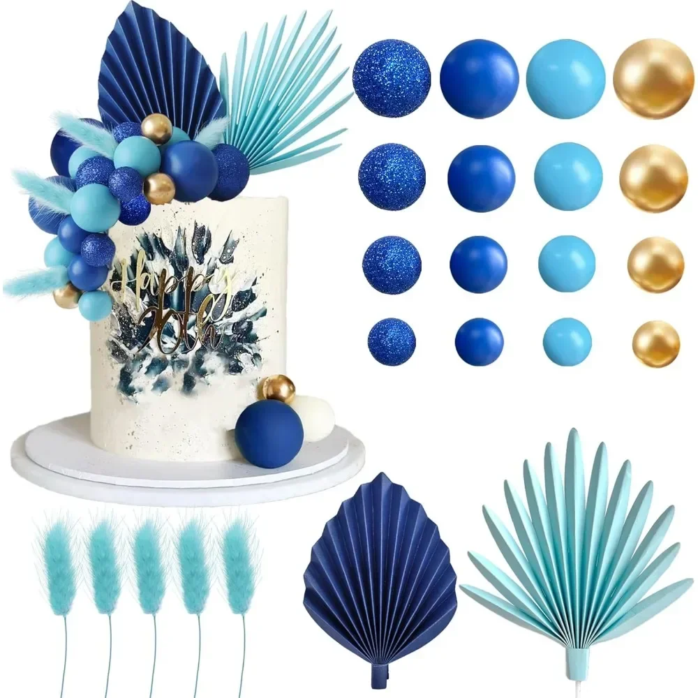 

38 шт./компл. Топпер для торта, голубые шарики с пальмовыми листьями озера, украшения «сделай сам», синие темы, украшения для выпечки на день рождения, товары для свадебной вечеринки