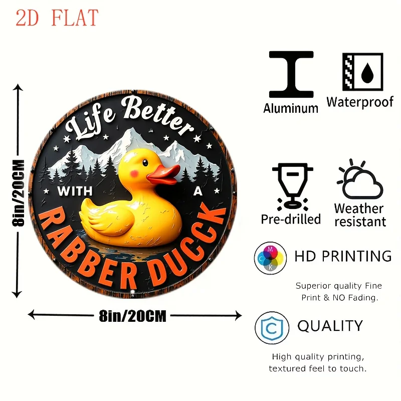 1pc 20.32 cm Rubber Duck Metal Wall Art Sign - Farmhouse Style Black & Orange Rubber Duck with Mountain Lake, Trees & Duck Desig