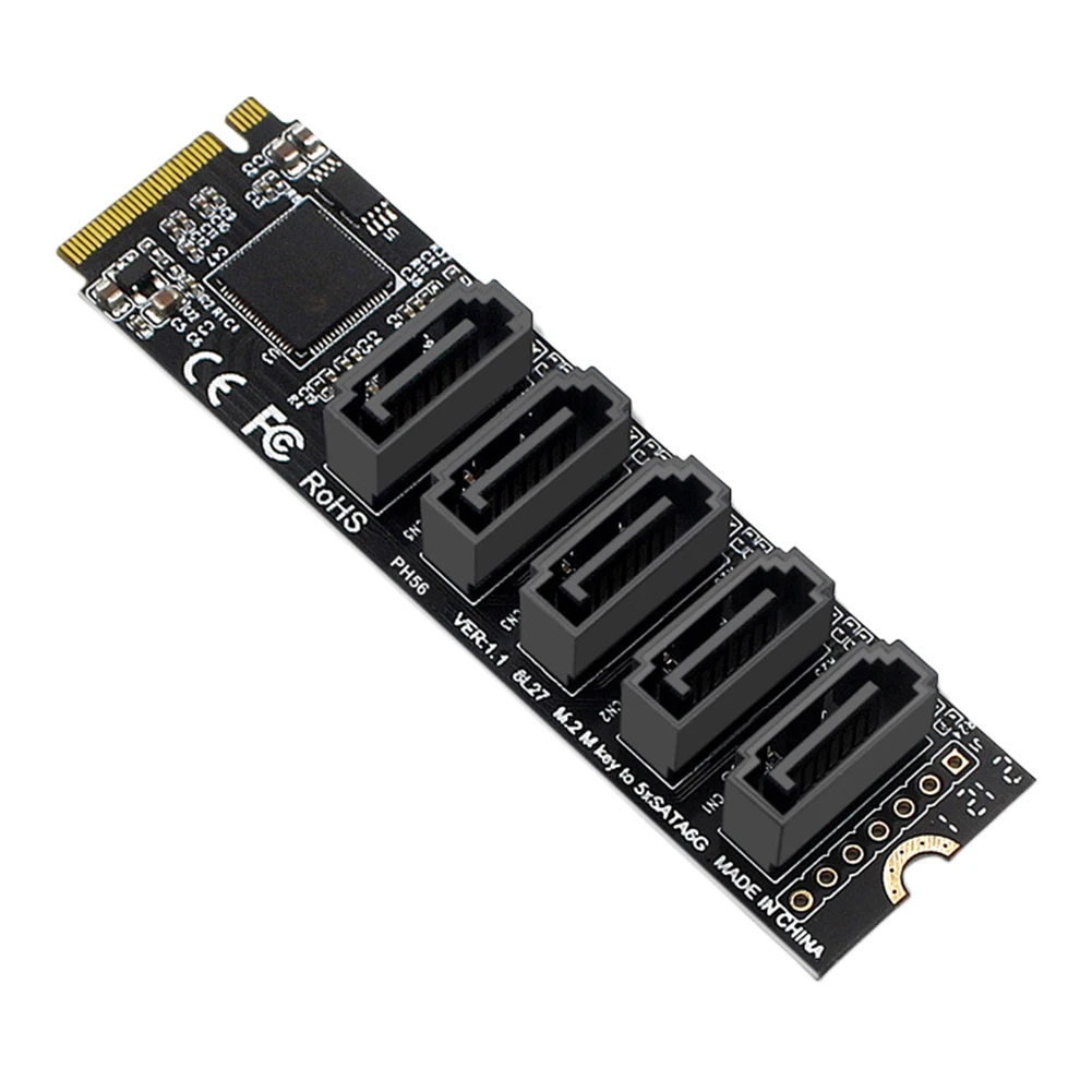 M.2 M-Key PCI Express To SATA 3.0 SSD Adapter Card JMB585 Chipset Expansion Card Support for Mac OS/Windows /Linux 6Gbps 5 Ports