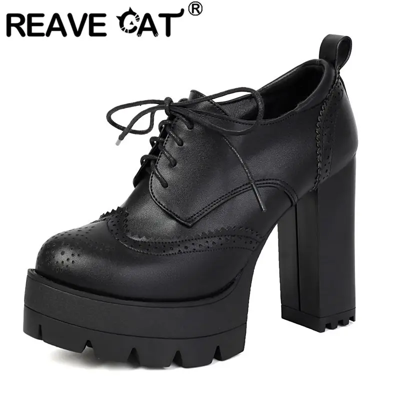 

REAVE CAT Brown Women Pumps Round Toe 11cm Chunky High Heel 3.5cm Platform Lace Up Punk Styly Daily Shoes Plus Size 43 44 45 46