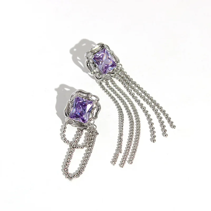 

Top Quality 925 Sterling Silver Pin Amythest Purple Gems Crystal Long Tassel Ear Drop Ear Dangle Party Earrings Women Girl Gift