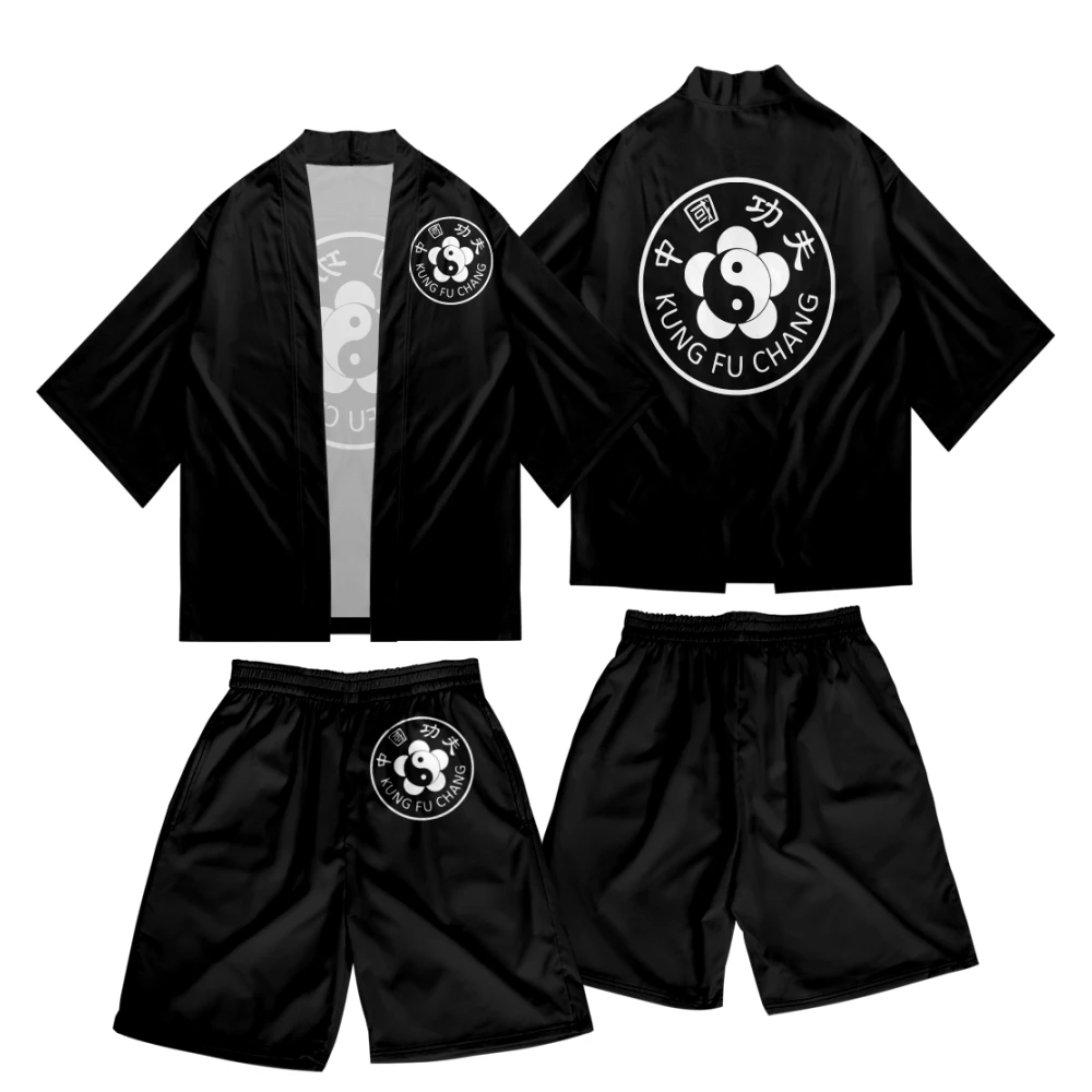 Novelty Two-piece Suit Japanese Cardigan Men Cosplay Chinese Kung Fu Yukata Black Kimono Shorts Sets Patchwork Asian Traditional