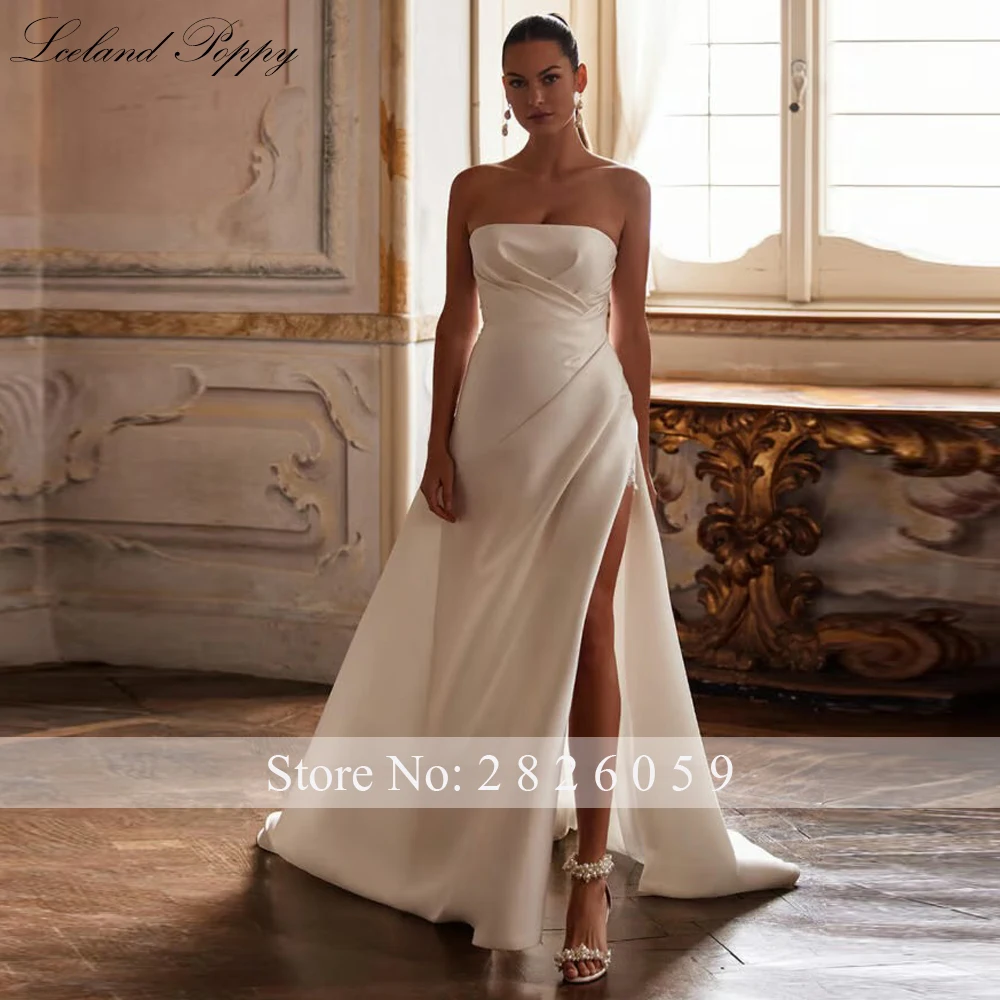Lceland Poppy Customized Elegant A Line Strapless Satin Wedding Dresses High Slit Bridal Gowns with Removable Sleeves