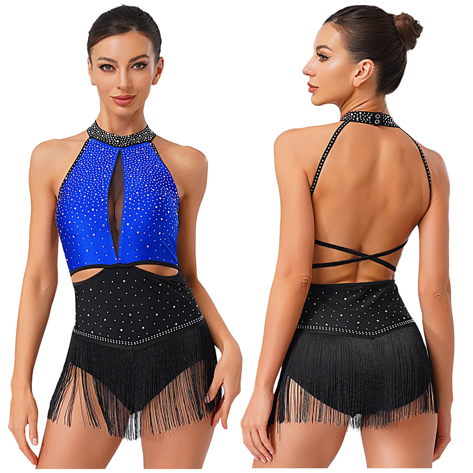 Mulheres sexy latina jazz dança collant allover strass borla saia sem costas bodysuit para ginástica chacha rumba dança mostrar
