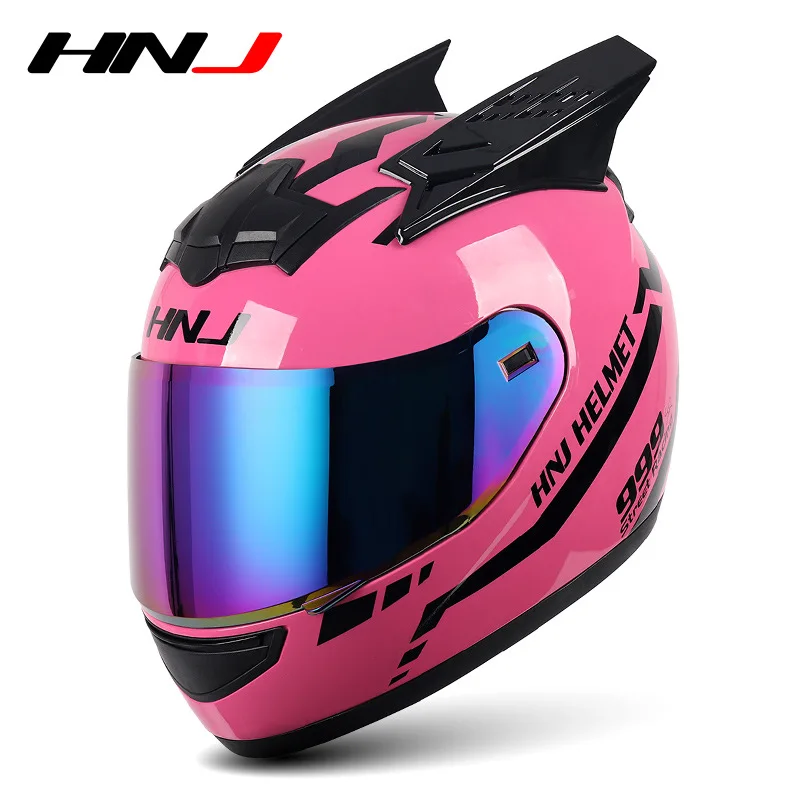 NONE Hnj Männer Motorrad helm Frauen Voll gesichts helm Reiten Persönlichkeit Horn rosa Helm Punkt Zertifizierung Casco Moto 7