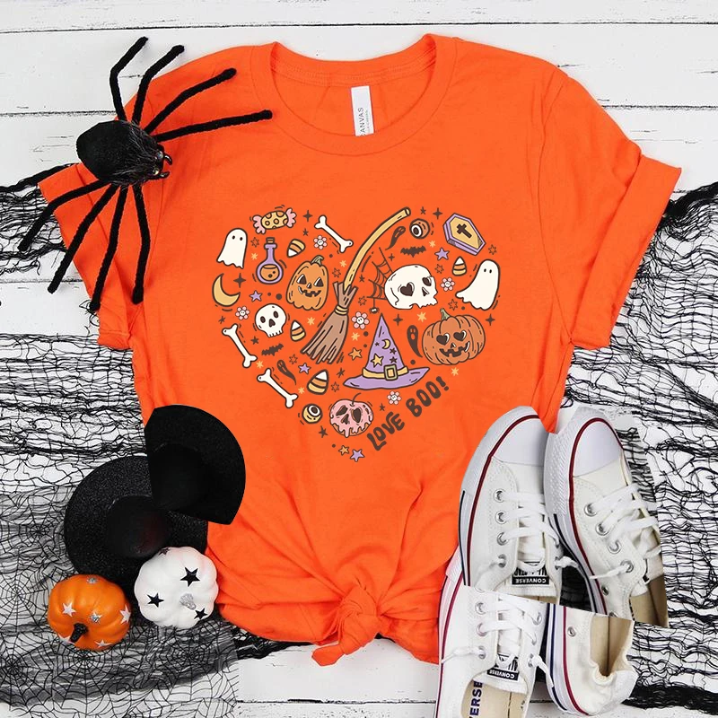 

(Premium T-shirt)Fashion Halloween Love Boo Printed Short Sleeve Halloween Love Boo T-Shirt For Women Summer Casual T-Shirts top