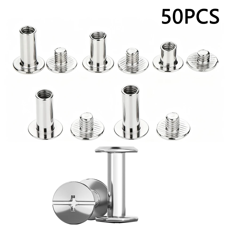 50Pcs 304 Stainless Steel Chicago Screws M5 Binding Post Screws Round Flat Head Sex Bolts Rivets for DIY Leather Craft Belt Book