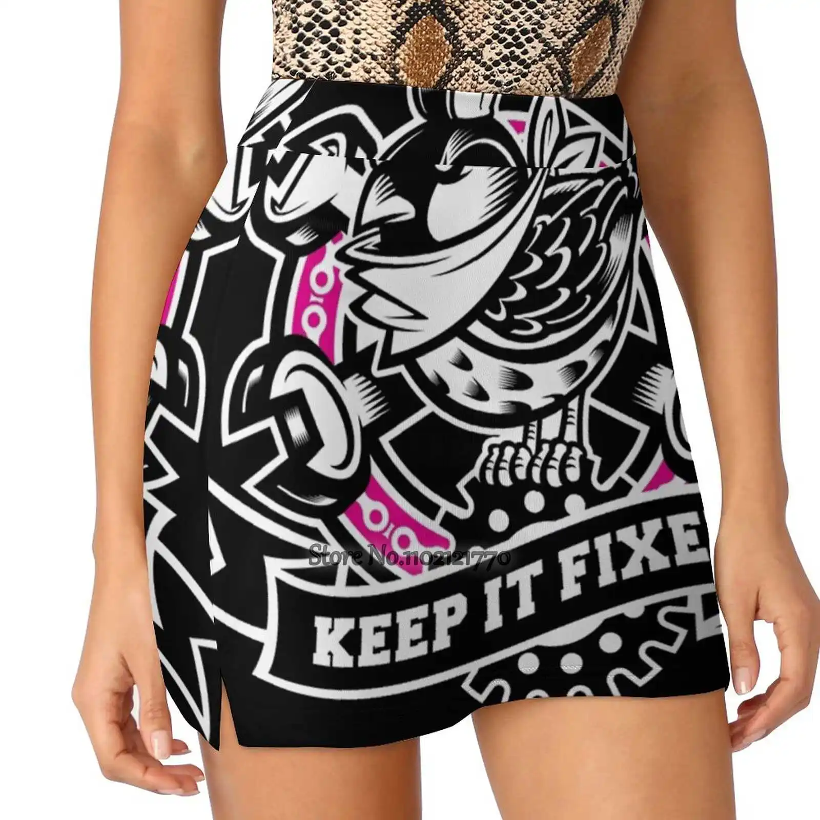 Keep It Fixed - Black Base Women Tennis Skirts Golf Badminton Pantskirt Sports Phone Pocket Skort Graphic Vector Fixie Bird