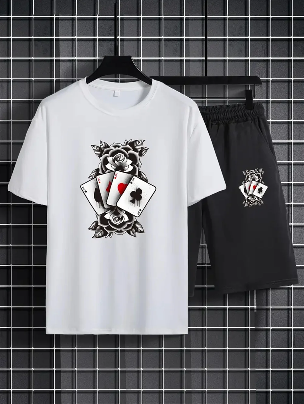 Men's two-piece T-shirt and shorts, short sleeves, poker print, simple, sporty, casual, outdoor, children's set, summer 2024