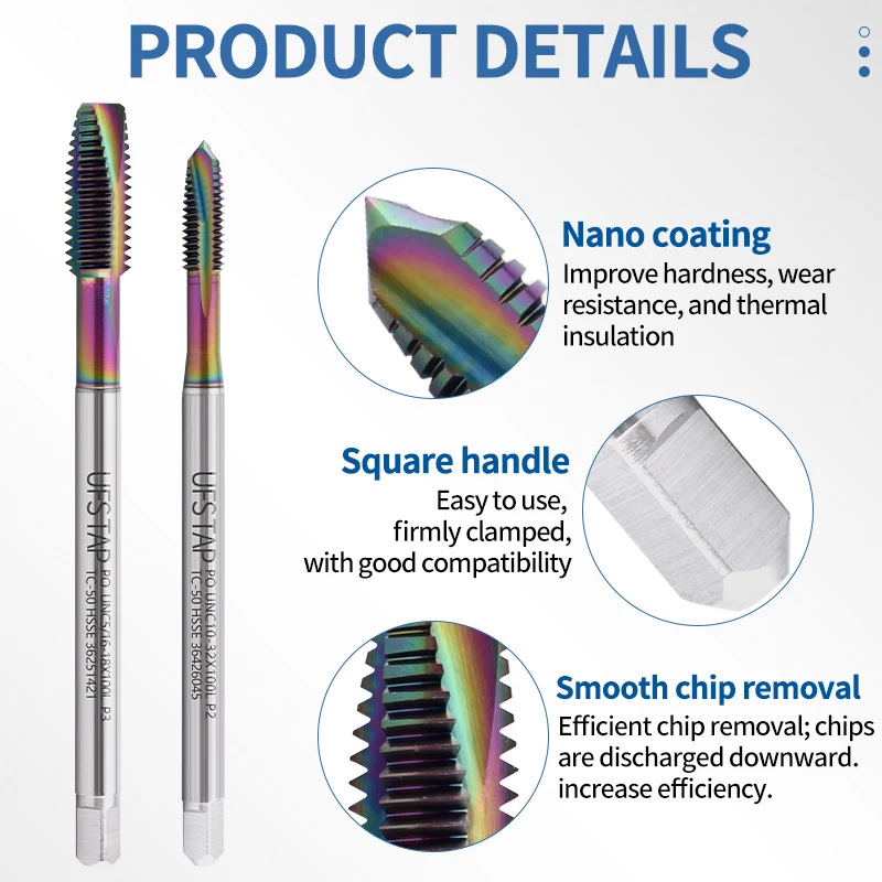 

UFS TAP HSSE-M35 JIS Standard Long Shank 100MM Spiral Pointed Tap UNC 2-56 6-32 8-32 1/4 UNF 10-32 Machine Screw Thread Taps