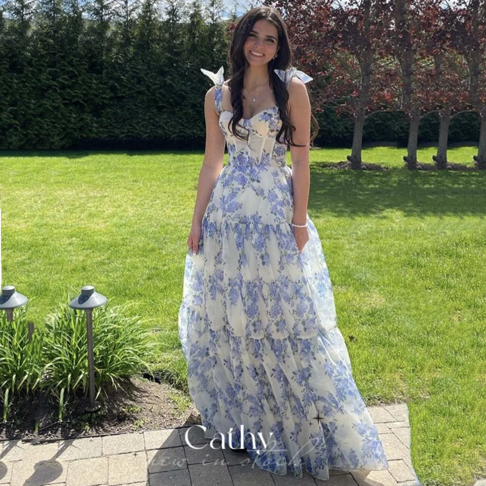 Cathy Real Silk Gaun Prom 2023 Putri Wisteria Bunga Malam Gaun Spaghetti Strap فستان سهرة A-line Gaun Pesta