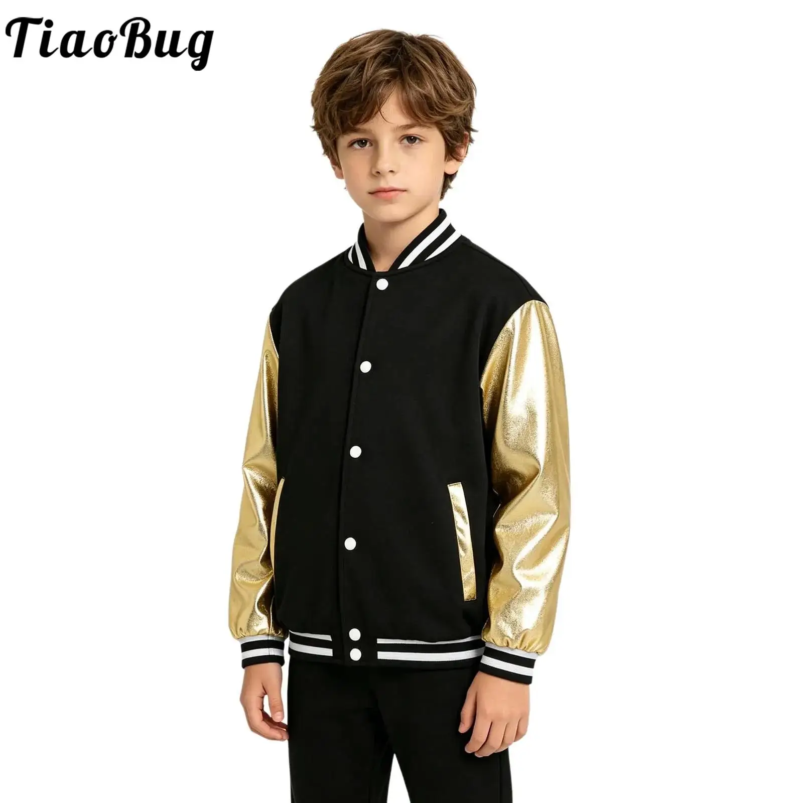 Kid Boys Girls Street Modern Dance Baseball Jacket Metallic Long Sleeve Bomber Jacket Performance Outerwear for Dance Stage Show