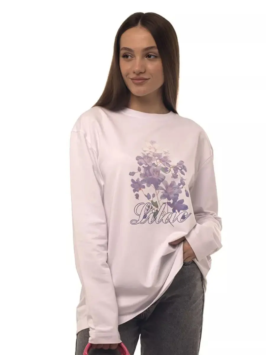 ดอกไม้หวานผ้าฝ้าย 100% เสื้อยืดแขนยาวบางเสื้อสวมหัวหลวมขนาดใหญ่วิทยาลัยผู้หญิงน่ารักพื้นฐานฤดูใบไม้ร่วงฤดูหนาว